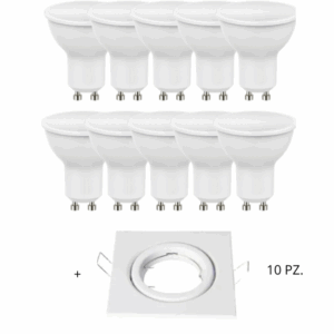 Set 10 Lampadine LED GU10 10W + 10 Porta Faretti GU10 Bianchi – 6000K Luce Fredda | 1100 Lumen