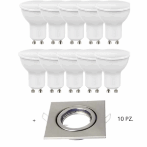 Set 10 Lampadine LED GU10 10W + 10 Porta Faretti GU10 Nichel – 4000K Luce Fredda | 1100 Lumen