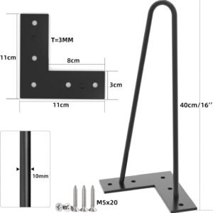 Gambe per Mobili in Ferro Nero – Set da 4 Piedini con Viti e Protezioni, (40 cm, 16 Pollici) – Ideali per Divani, Tavoli, Armadi, Comodini