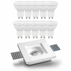 Kit Illuminazione Completo: 10 Lampadine LED GU10 10 W 4000 K + 10 Portafaretti Quadrati Incasso Slim in Gesso Ceramico