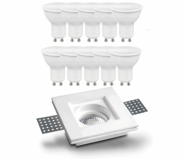 Kit Illuminazione Completo: 10 Lampadine LED GU10 10 W 4000 K + 10 Portafaretti Quadrati Incasso Slim in Gesso Ceramico