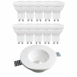 Kit Illuminazione Completo: 10 Lampadine LED GU10 10 W 4000 K + 10 Portafaretti Rotondi Incasso Slim in Gesso Ceramico